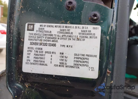 2002 Chevrolet Avalanche 1500 from USA, damaged, VIN 3GNEK13T32G133496